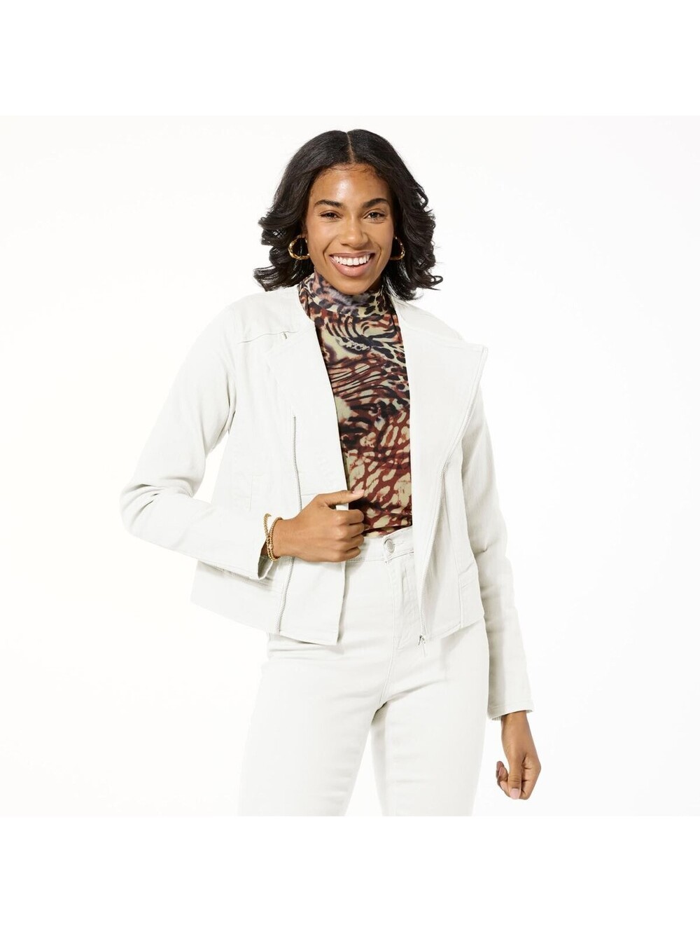 DG2 by Diane Gilman New Classic Stretch Denim Collarless Moto Jacket Size S